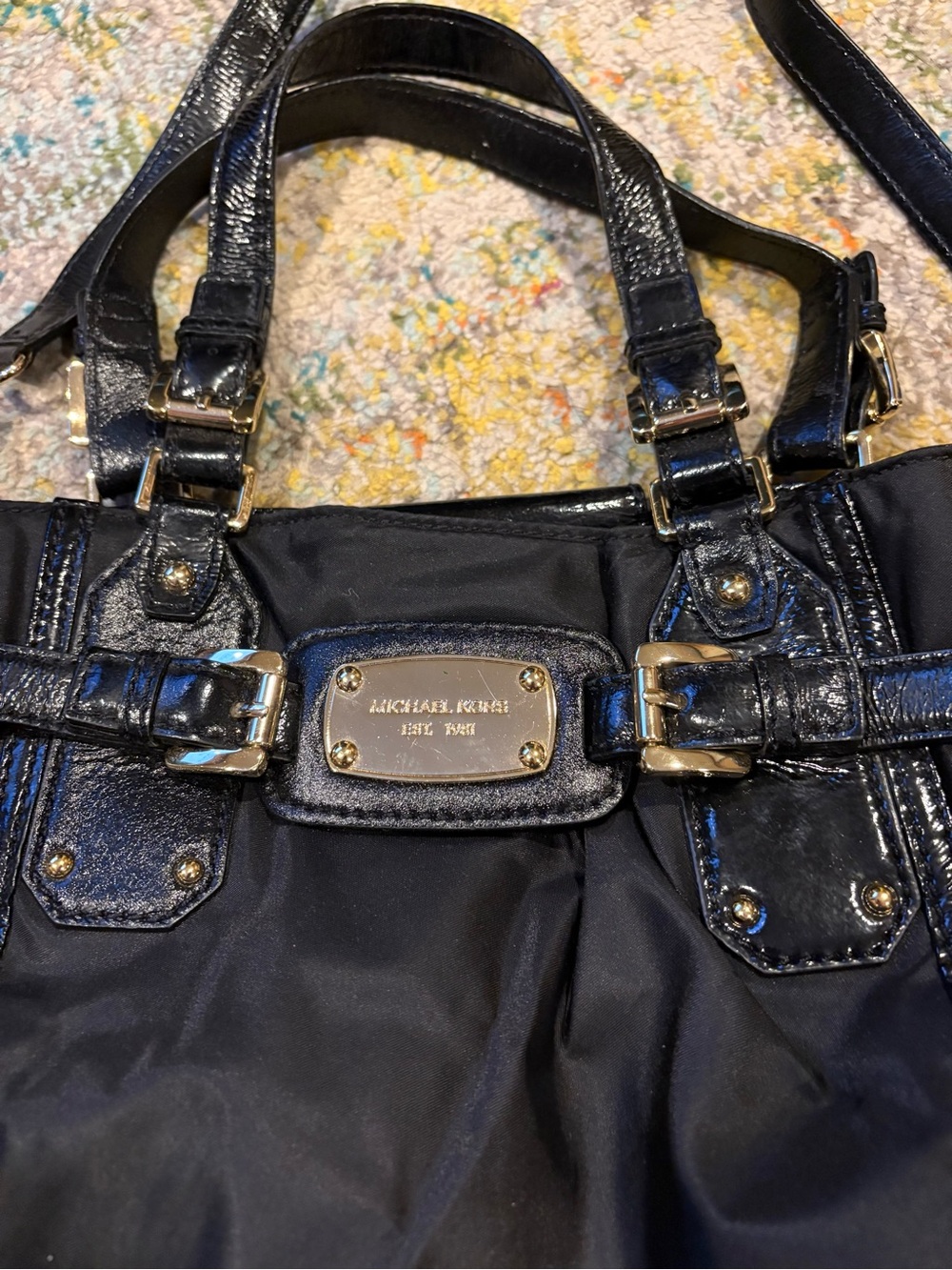 Michael Kors Gandervoort Black Vinyl Tote Leather Purse Carryall GUC Adjustable - Picture 4 of 16